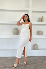 Naturel Dantel Yaka Sırt Detaylı Keten Elbise SY-2207-Naturel