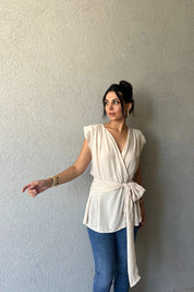 Bej Vatkalı Kruvaze Yaka Bluz SY-0442-Bej