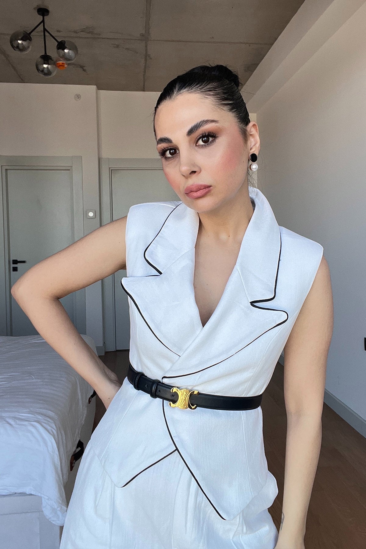 Ekru Keten Biyeli Yelek Ve Pantolon Takım SY-3021-Ekru