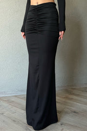 Siyah  Uzun Kollu Kare Yaka Crop ve Büzgülü Etek Takım SY-1285-Siyah