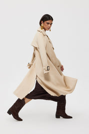 Bej Süet Kemerli Düğmeli Uzun Kaban SY-2403-Bej