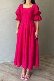 Fuşya Kolu Lastik Detaylı Güpür Detaylı Brode Elbise SY-2109-Fuşya