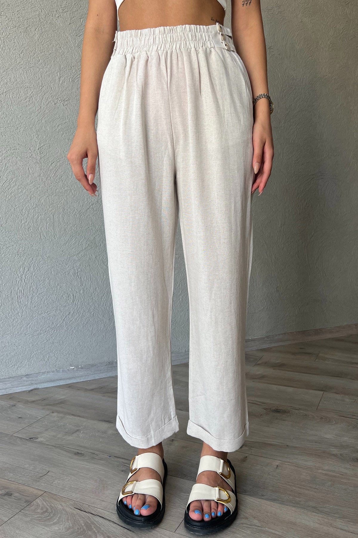 Naturel Bel Detaylı Keten Pantolon SY-2044-Naturel