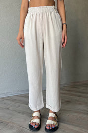 Naturel Bel Detaylı Keten Pantolon SY-2044-Naturel