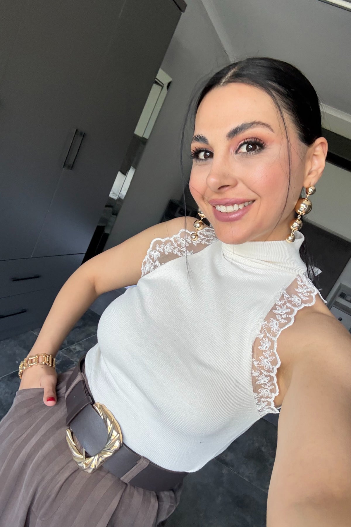 Ekru Balıkçı Yaka Güpür Detaylı Triko Bluz SY-3712-Ekru