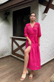 Fuşya Bağlama Detay Yırtmaçlı Elbise SY-2103-Fuşya