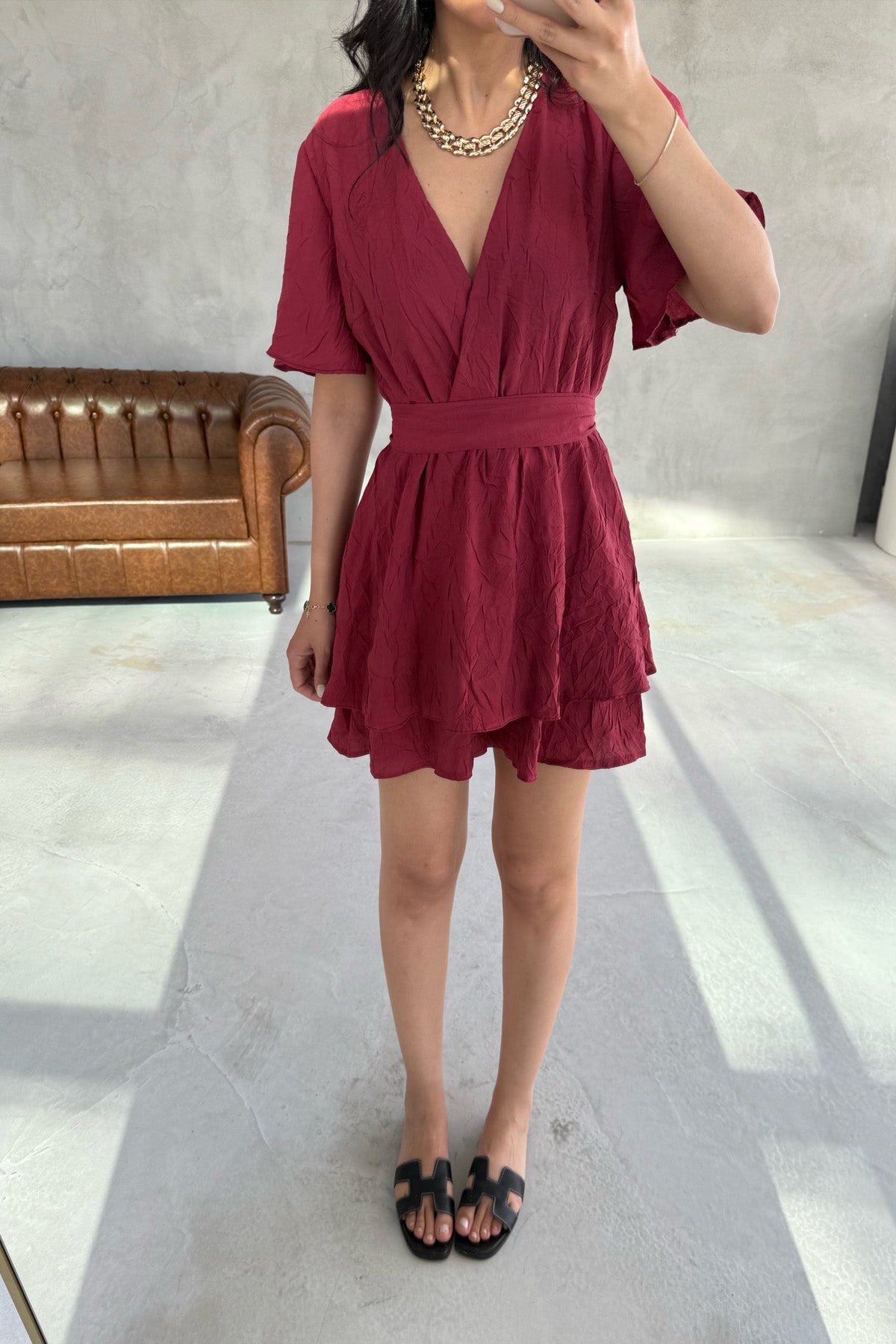 Bordo Beli Lastikli Kuşaklı Mini Elbise SY-3067-Bordo