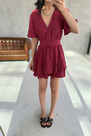 Bordo Beli Lastikli Kuşaklı Mini Elbise SY-3067-Bordo