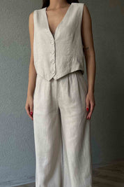 Taş Düğme Detaylı Keten Yelek SY-2094-Taş