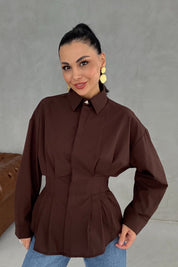 Kahve Belden Oturtmalı Pensli Gömlek SY-3406-Kahve