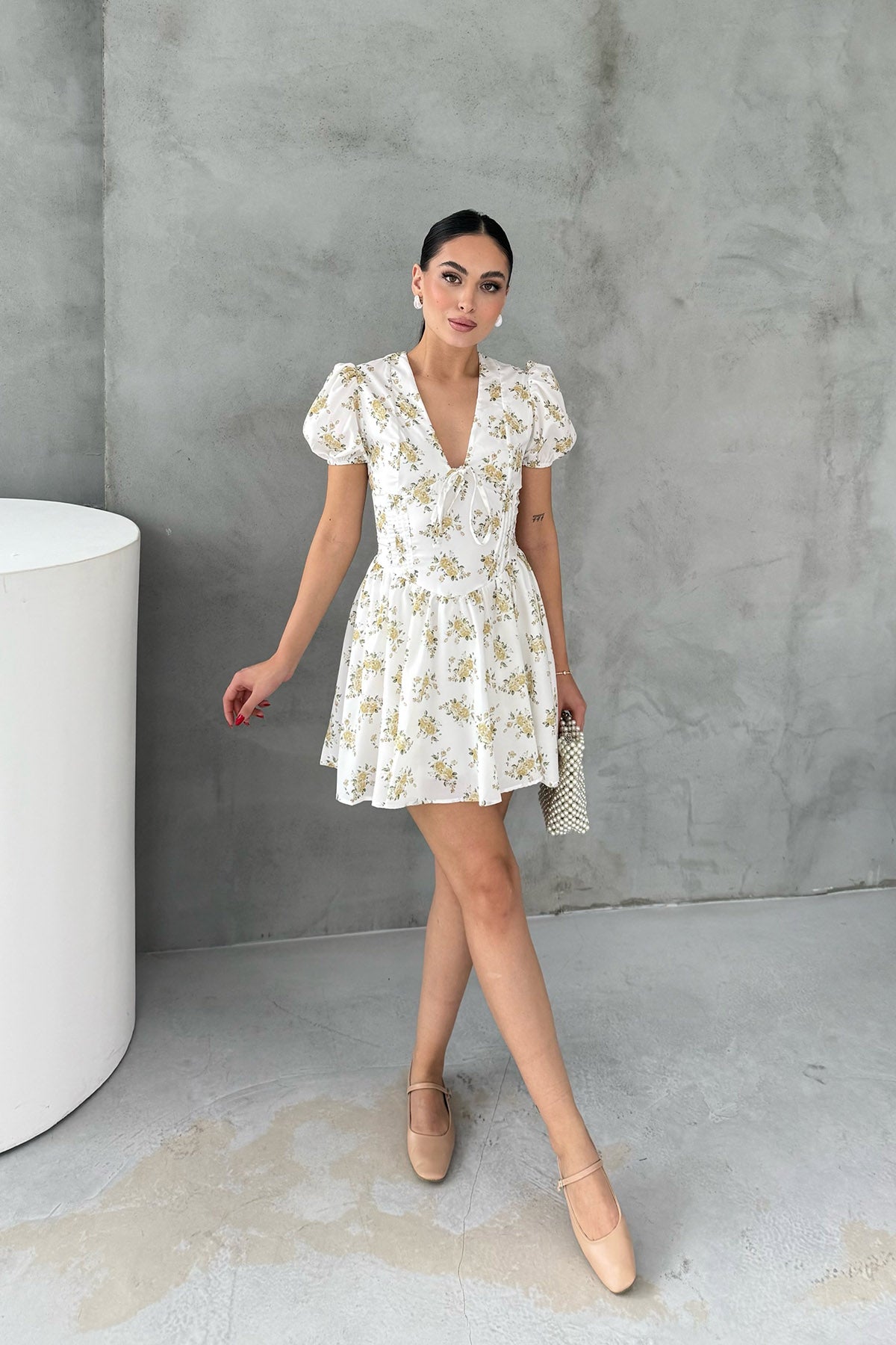 Balon Kol Sarı Çiçekli Mini Elbise SY-3055-Ekru