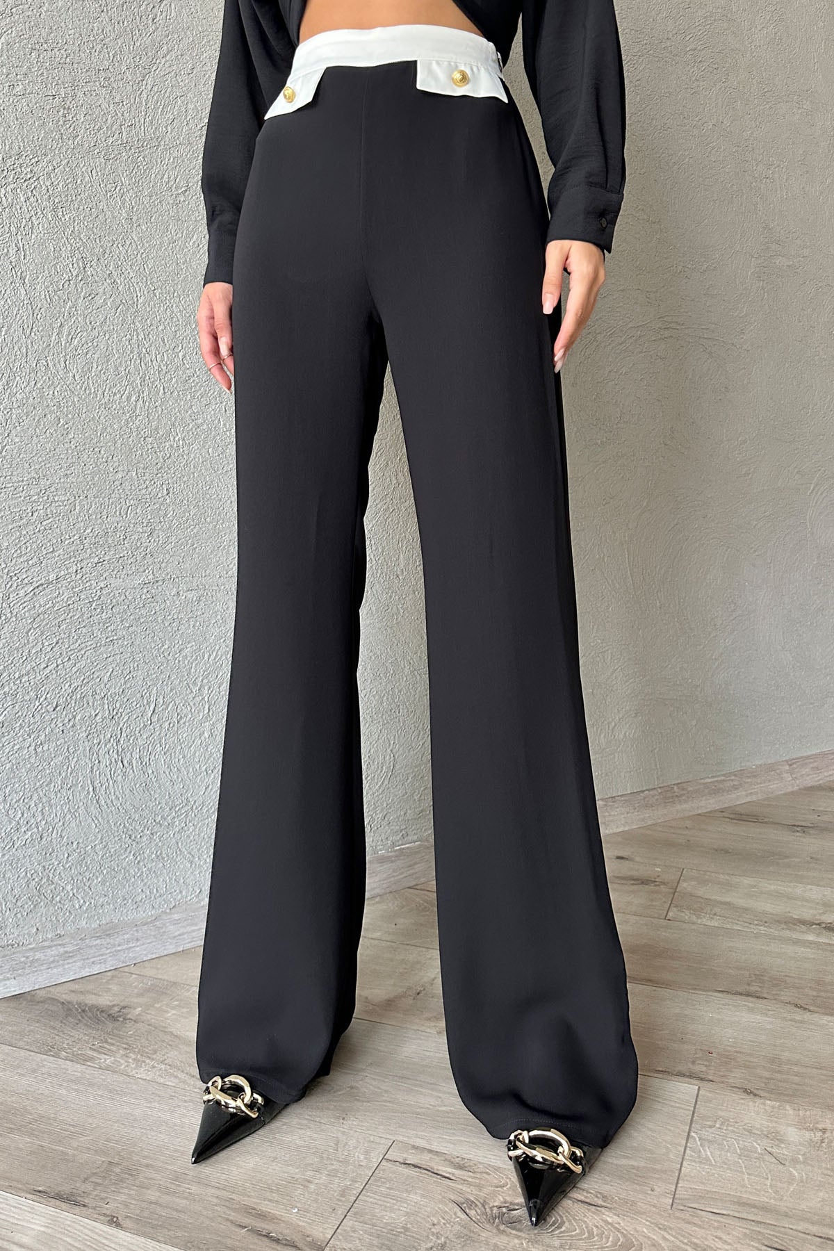 Siyah Bel Kısmı ve Cepleri Beyaz Geçişli Pantolon SY-1108-Siyah