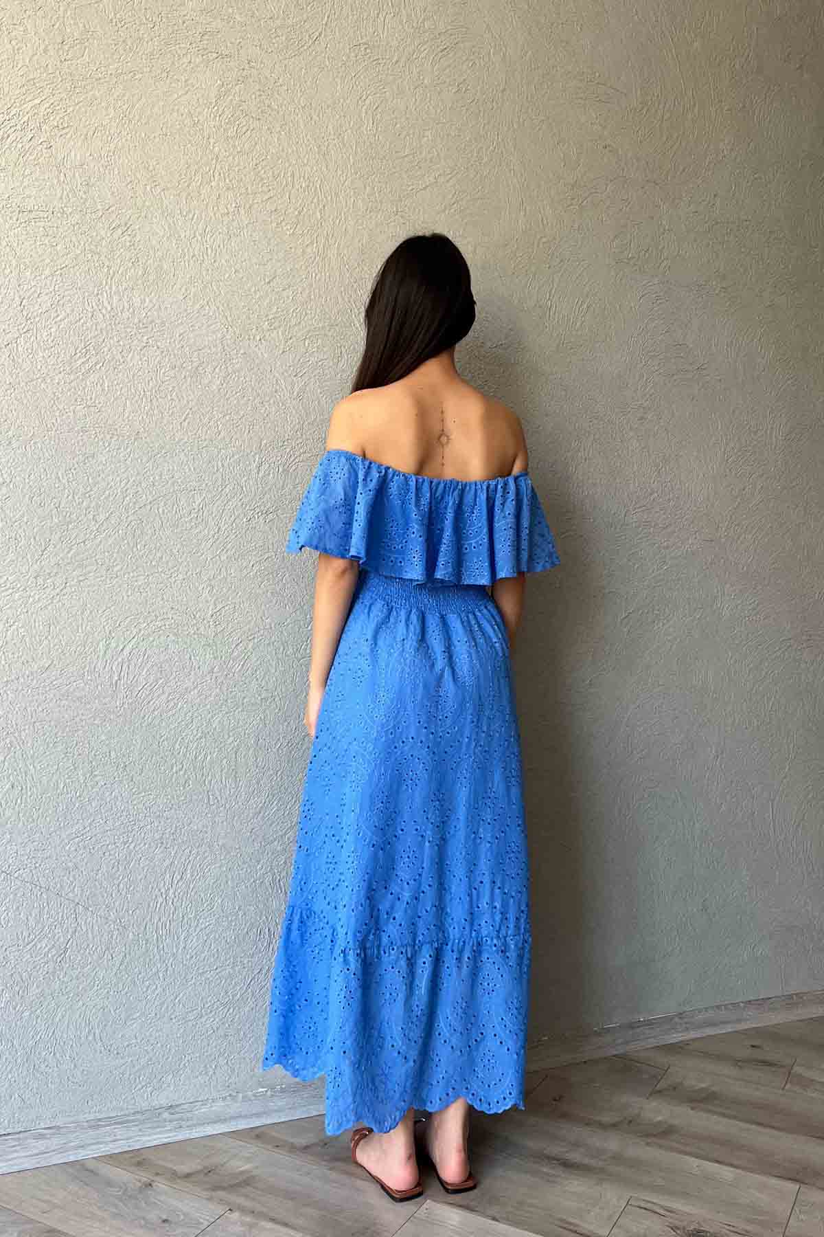 Mavi Madonna Yaka Kemer Detaylı Fisto Elbise SY-1964-Mavi