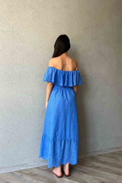 Mavi Madonna Yaka Kemer Detaylı Fisto Elbise SY-1964-Mavi