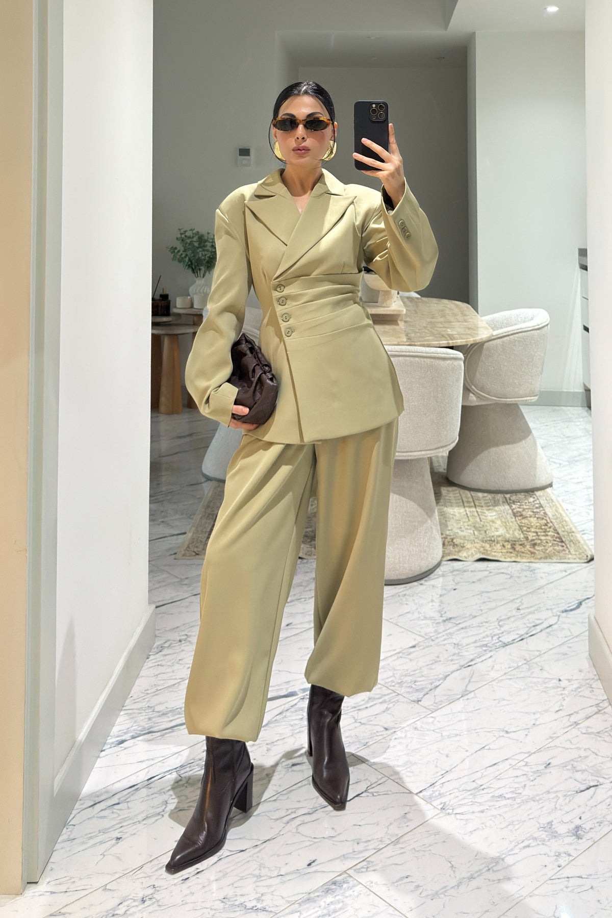 Yeşil Beli Drapeli Ceket Ve Şalvar Pantolon Takım SY-3608-Haki