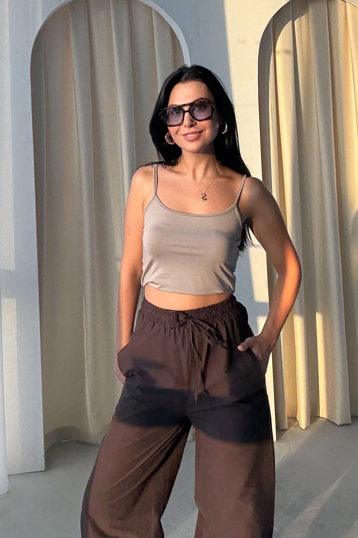 Kahve Paçası Lastikli Balon Pantolon SY-3341-Kahve