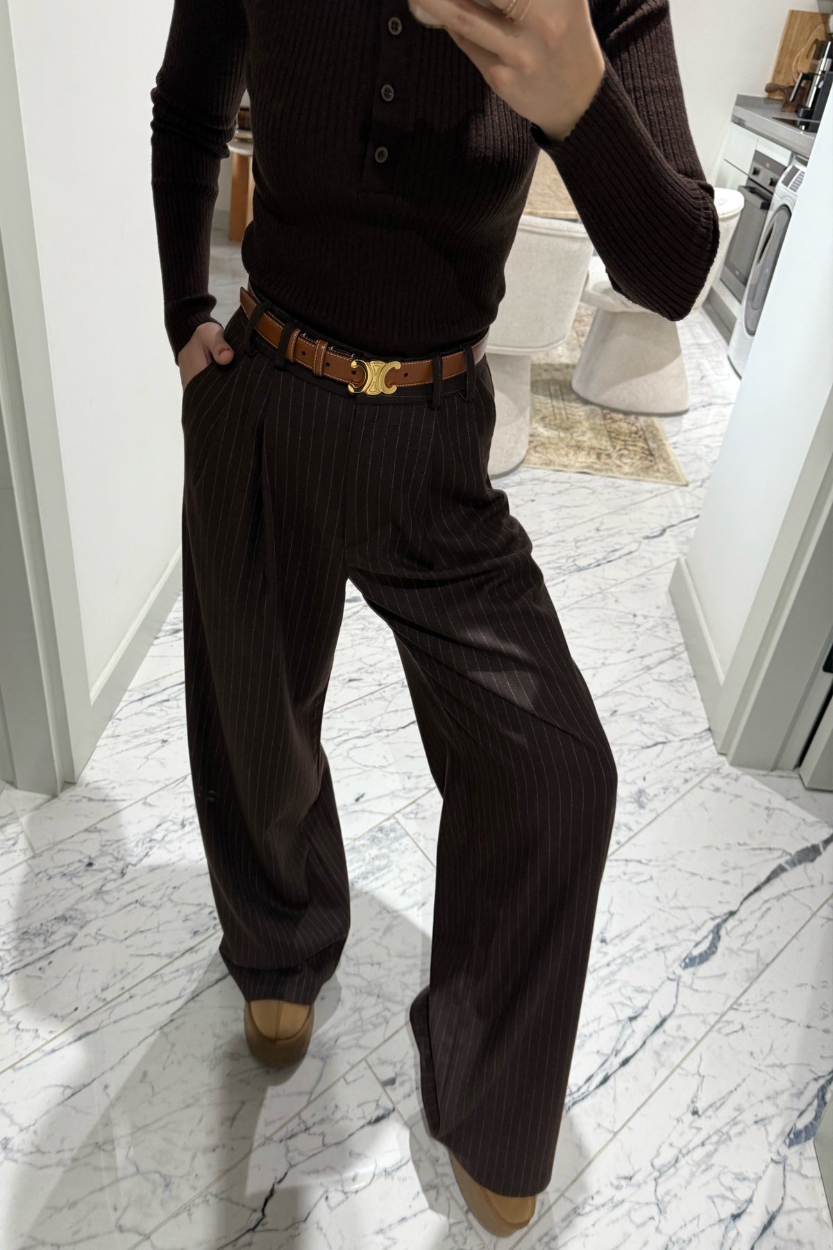 Kahverengi Yüksek Bel Çizgili Palazzo Pantolon SY-3524-Kahverengi