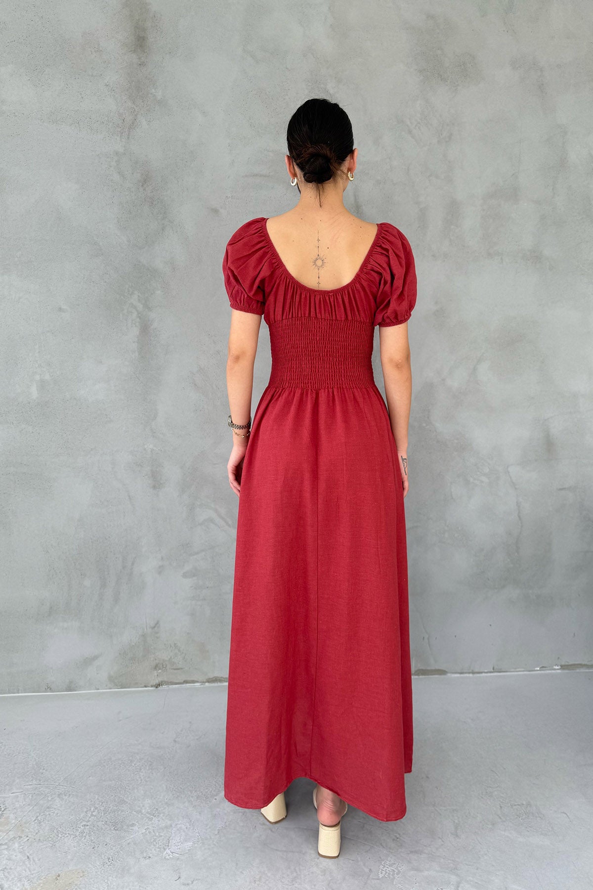 Bordo Önü Gipeli Kısa Kol Elbise SY-3005-Bordo