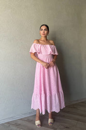 Pembe  Madonna Yaka Kemer Detaylı Fisto Elbise SY-1964-Pembe