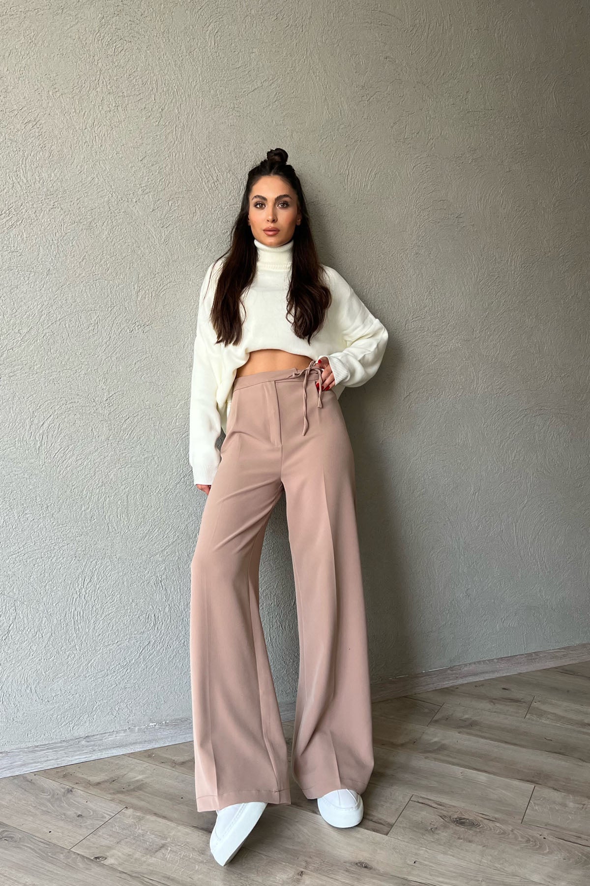 Vizon Beli İpli Tek Pileli Bol Paça Pantolon SY-1351-Vizon