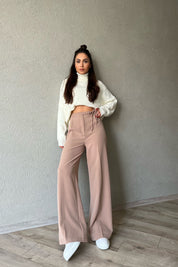 Vizon Beli İpli Tek Pileli Bol Paça Pantolon SY-1351-Vizon