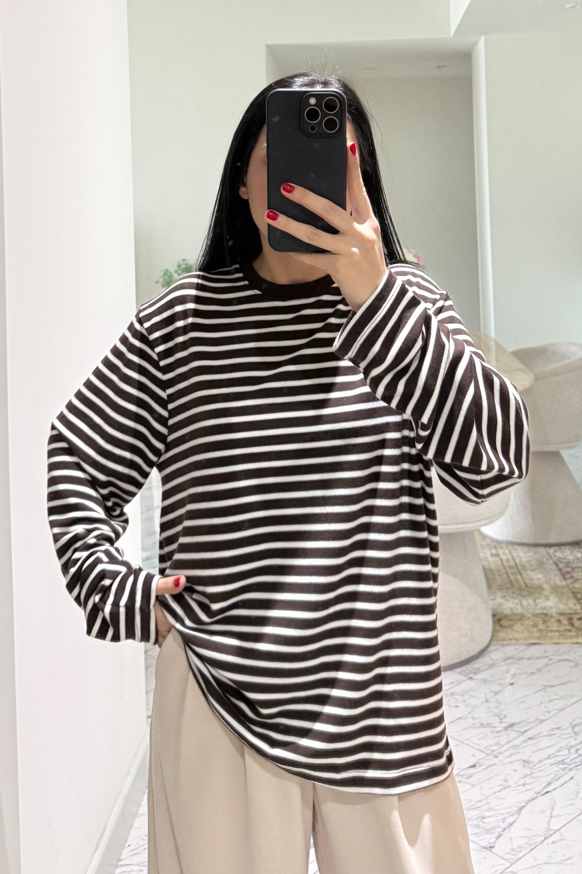 Kahve-Ekru Biisiklet Yaka Çizgili Likralı Uzun Kollu T-Shirt SY-3645-Kahverengi