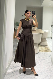 Pinterest Model Beli Drapeli Kahverengi Elbise SY-3610-Kahve