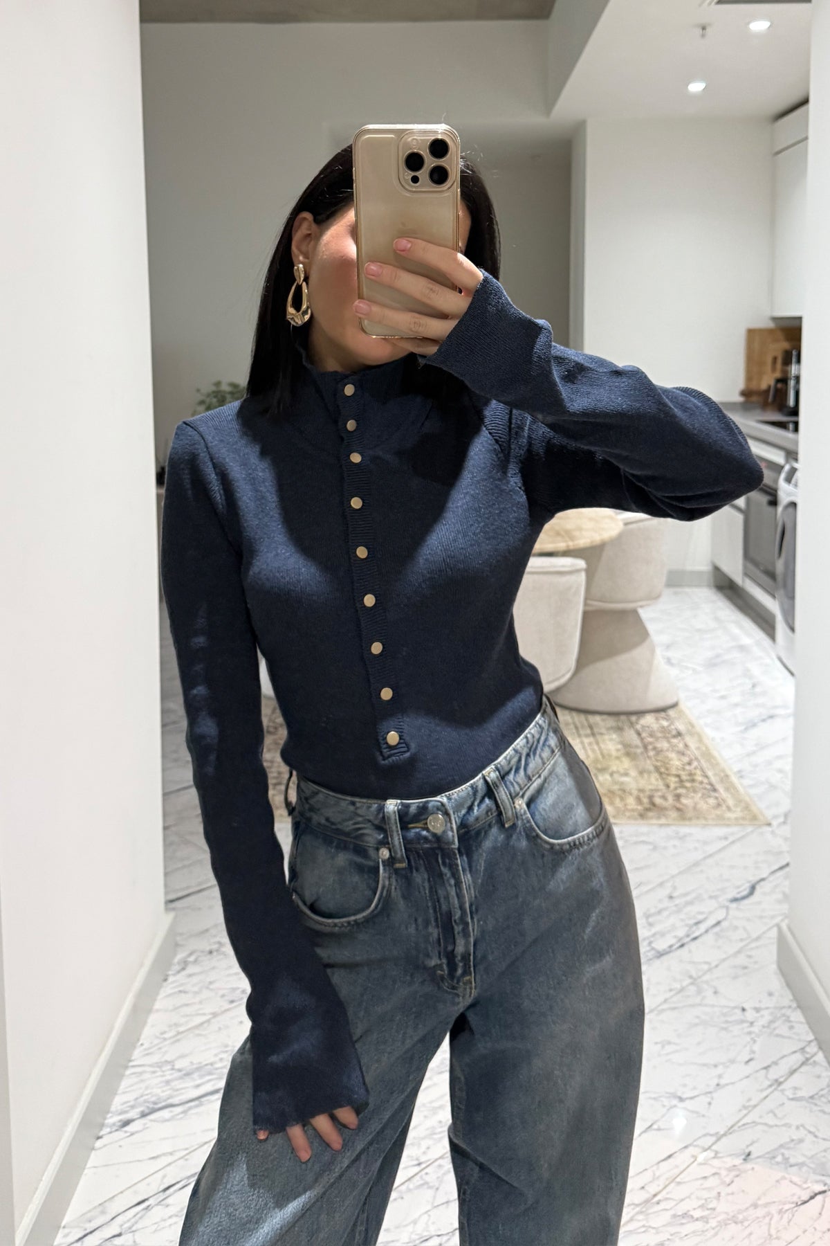 Lacivert Dik Yaka Çıtçıtlı Triko Kazak SY-3502-Lacivert