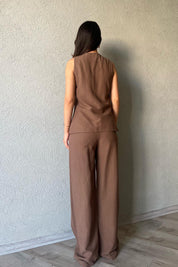 Kahverengi Kare Yaka Keten Yelek SY-3350-Kahverengi