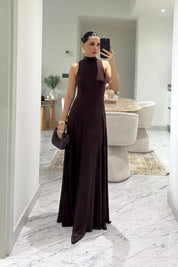 Acı Kahverengi Balıkçı Yaka Maxi Boy Dökümlü Şık Kadın Elbise SY-3632-Kahverengi