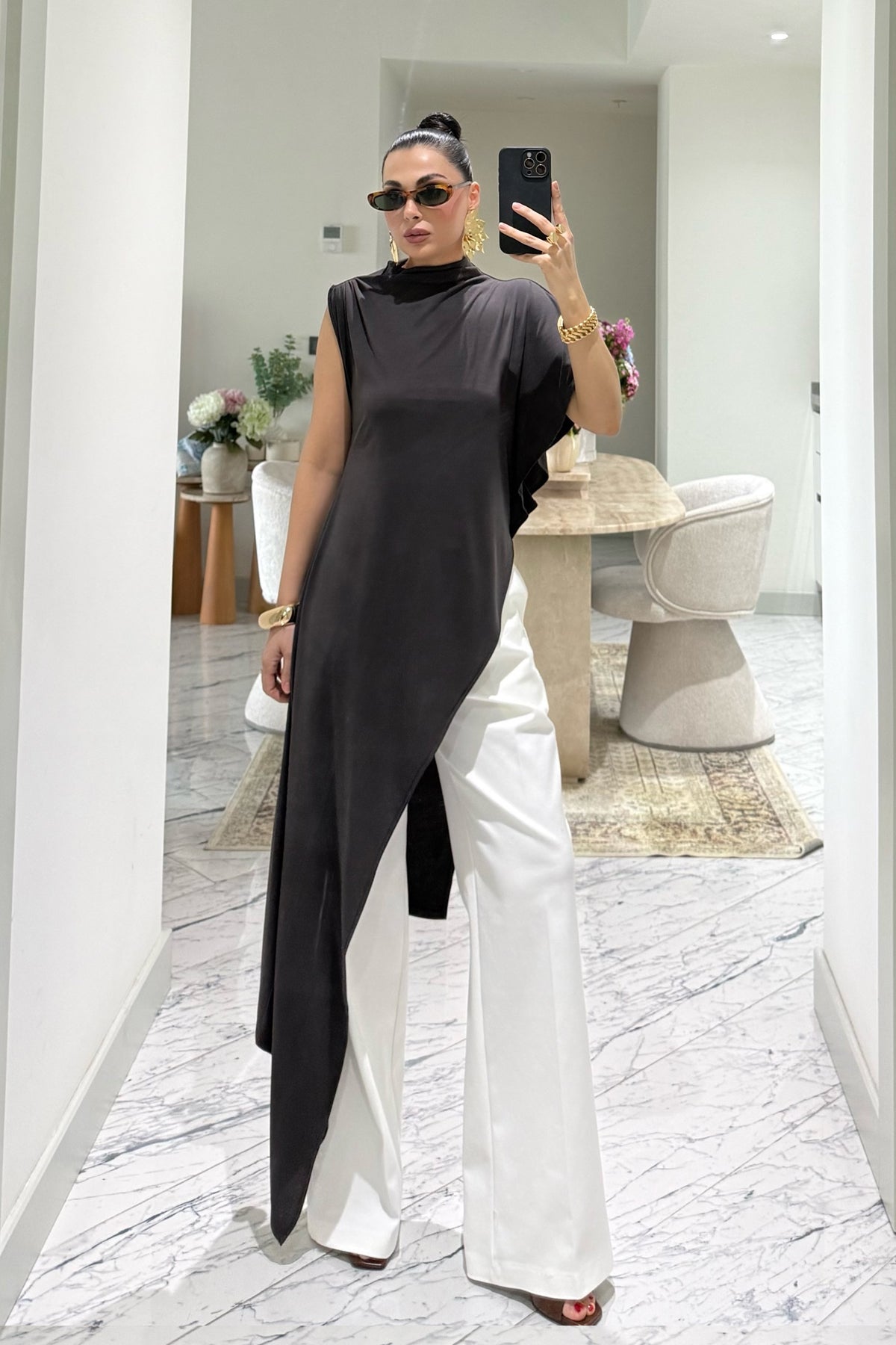 Kahve Asimetrik Tasarım Uzun Bluz SY-3679-Kahve