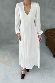 Ekru Gofre V Yaka Uzun Elbise SY-3031-Ekru