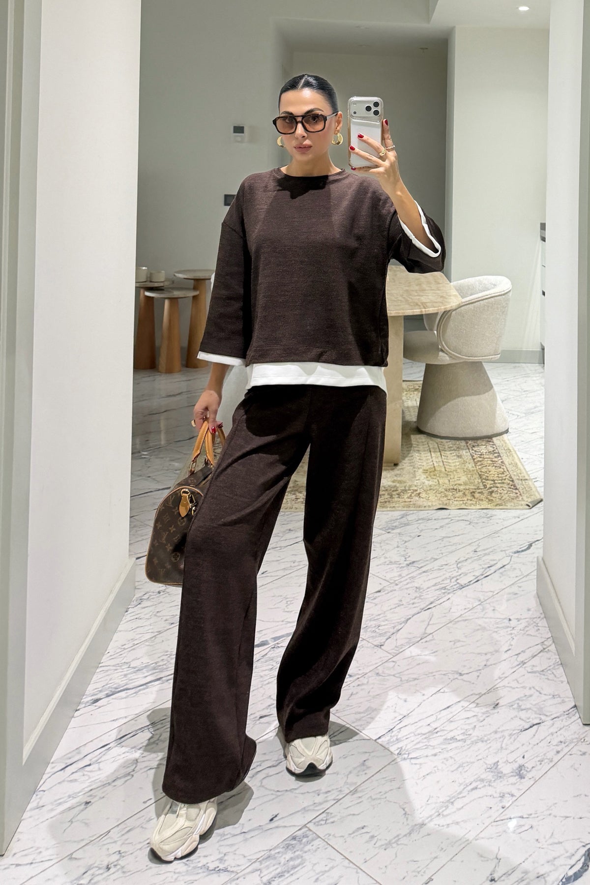 Kahve Beyaz Garnili Sweat Pantolon Takım SY-3913-Kahverengi