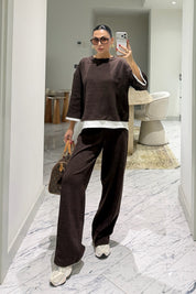 Kahve Beyaz Garnili Sweat Pantolon Takım SY-3913-Kahverengi