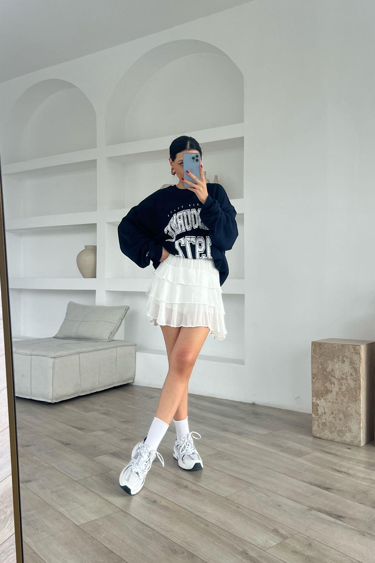 Beyaz Fırfır Detaylı Beli Lastikli Mini Etek SY-1769-Beyaz