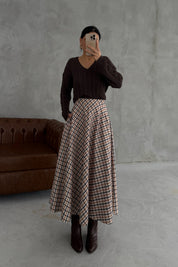 Collectıon Kareli Süet Katlı Etek SY-3410-Bej