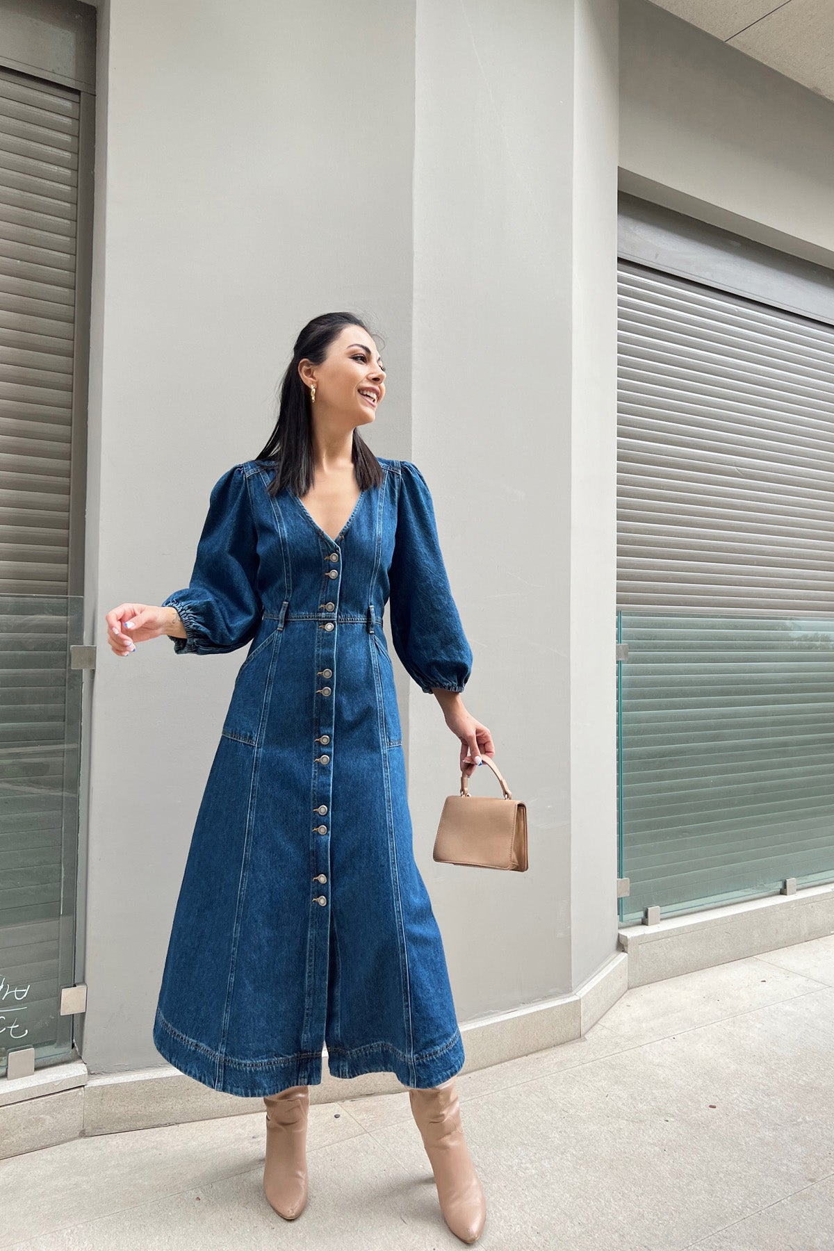 Balon Kol Kot Elbise SY-0297-Mavi