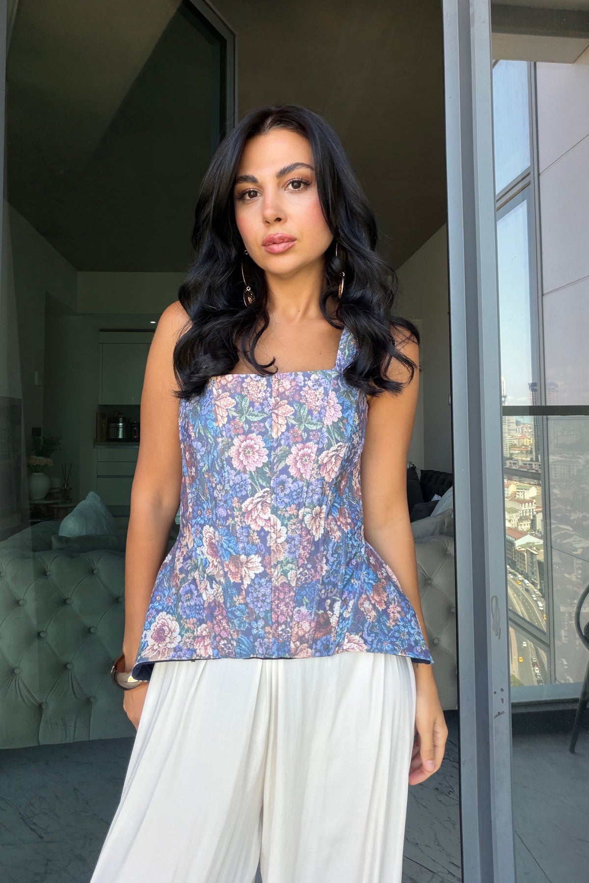 Flora Çiçek Desenli Vintage Korse Bluz SY-3820-Mavi