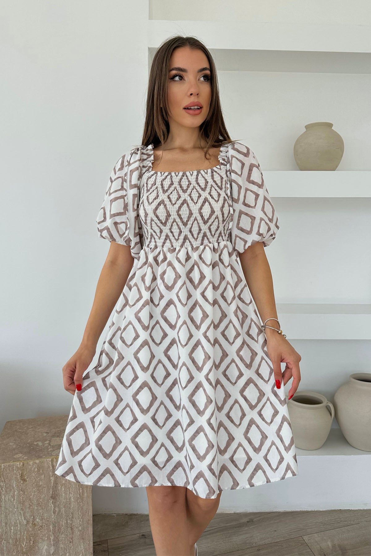 Vizon Önü Gipeli Balon Kol Elbise SY-0471-Vizon