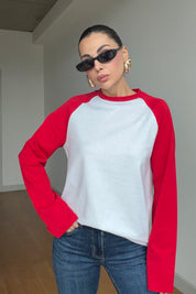 Kırmızı Reglan Çift Renk Tişört SY-3870-Kırmızı