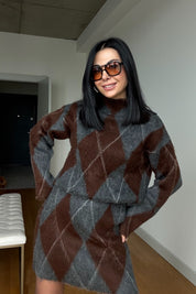 Dik Yaka Baklava Desenli Etekli Takım SY-3518-Gri