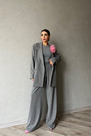 Gri Broş Detay Ceket ve Palazzo Pantolon Takım SY-1568-Gri