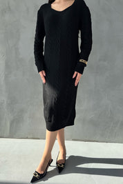 Siyah V Yaka Örgü Triko Elbise SY-2833-Siyah