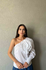 Beyaz Tek Omuz Özel Tasarım Gömlek SY-1736-Beyaz