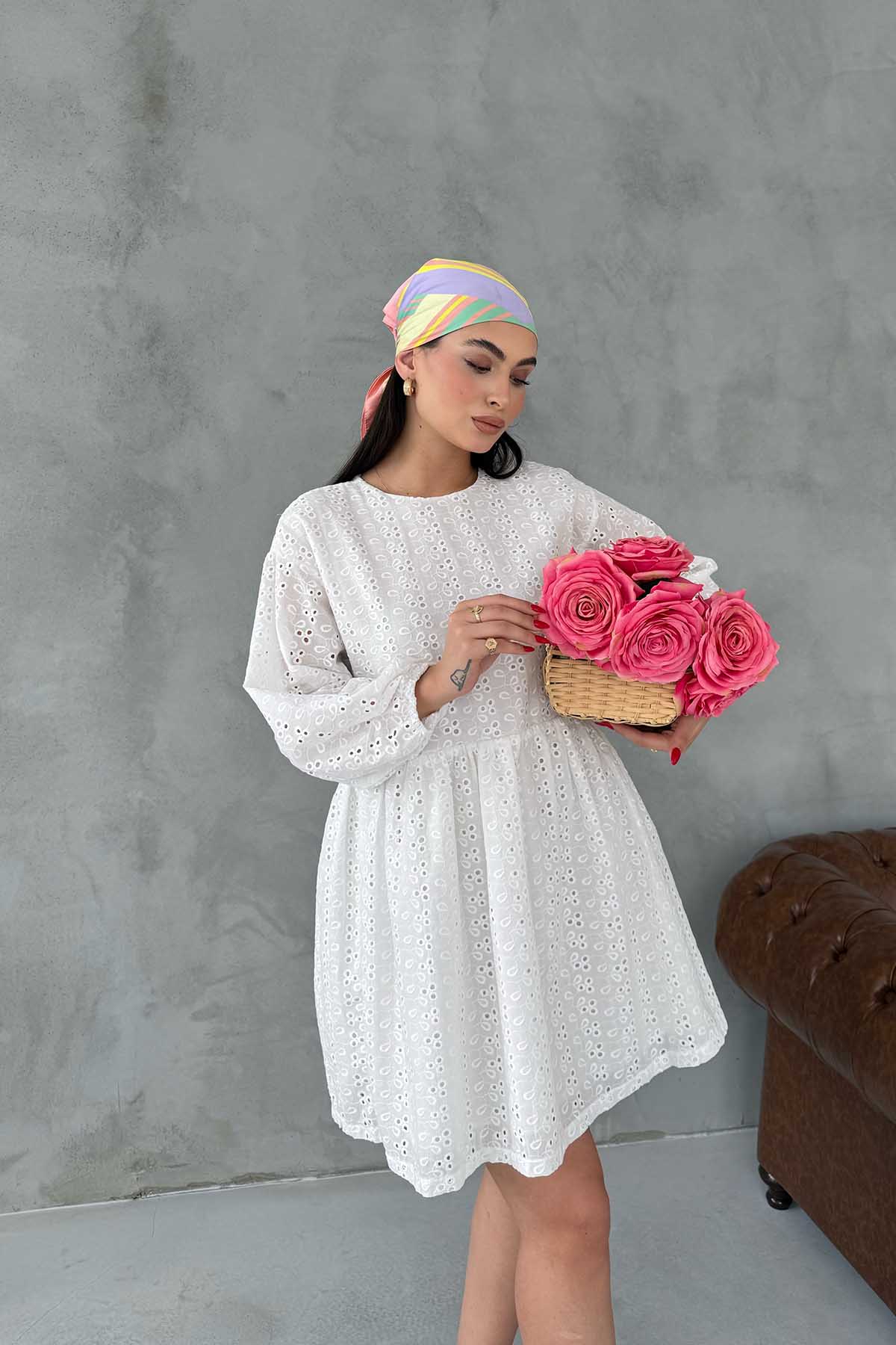 Ekru Brode Midi Boy Elbise SY-3049-Ekru