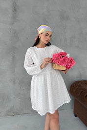 Ekru Brode Midi Boy Elbise SY-3049-Ekru