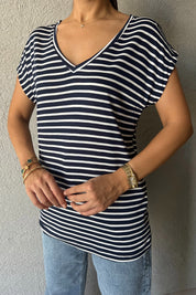 Beyaz Çizgili Koyu Lacivert V Yaka Basic T-shirt SY-0250-Koyu Lacivert
