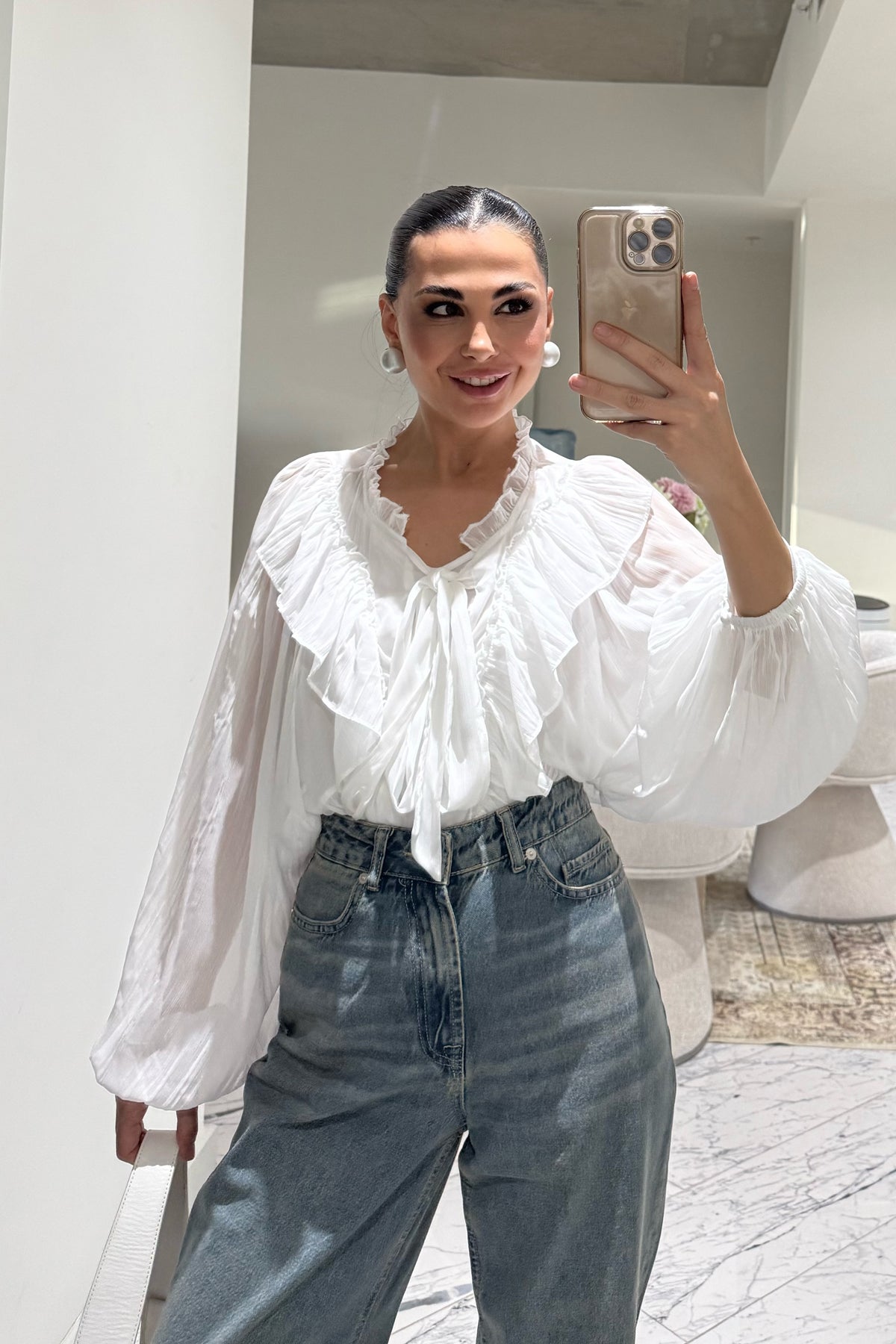 Fırfırlı Beyaz Tül Bluz SY-3533-Beyaz