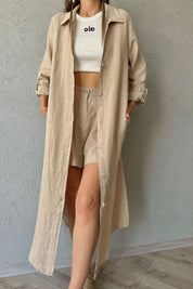 Bej Polo Yaka Düğmeli Yandan Yırtmaçlı Keten Elbise SY-0658-Bej