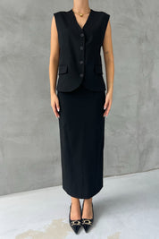 Siyah Arkası Kısa Kemer Detaylı Yelek ve Yırtmaçlı Etek Takım SY-2482-Siyah